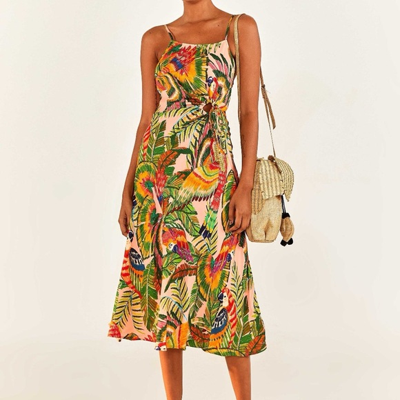Farm Rio Macaw Leaves Tropical Print Midi Dress XS - Picture 2 of 10